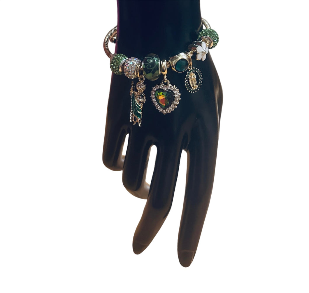 Green San Juditas Virgencita Heart Charm Bracelet