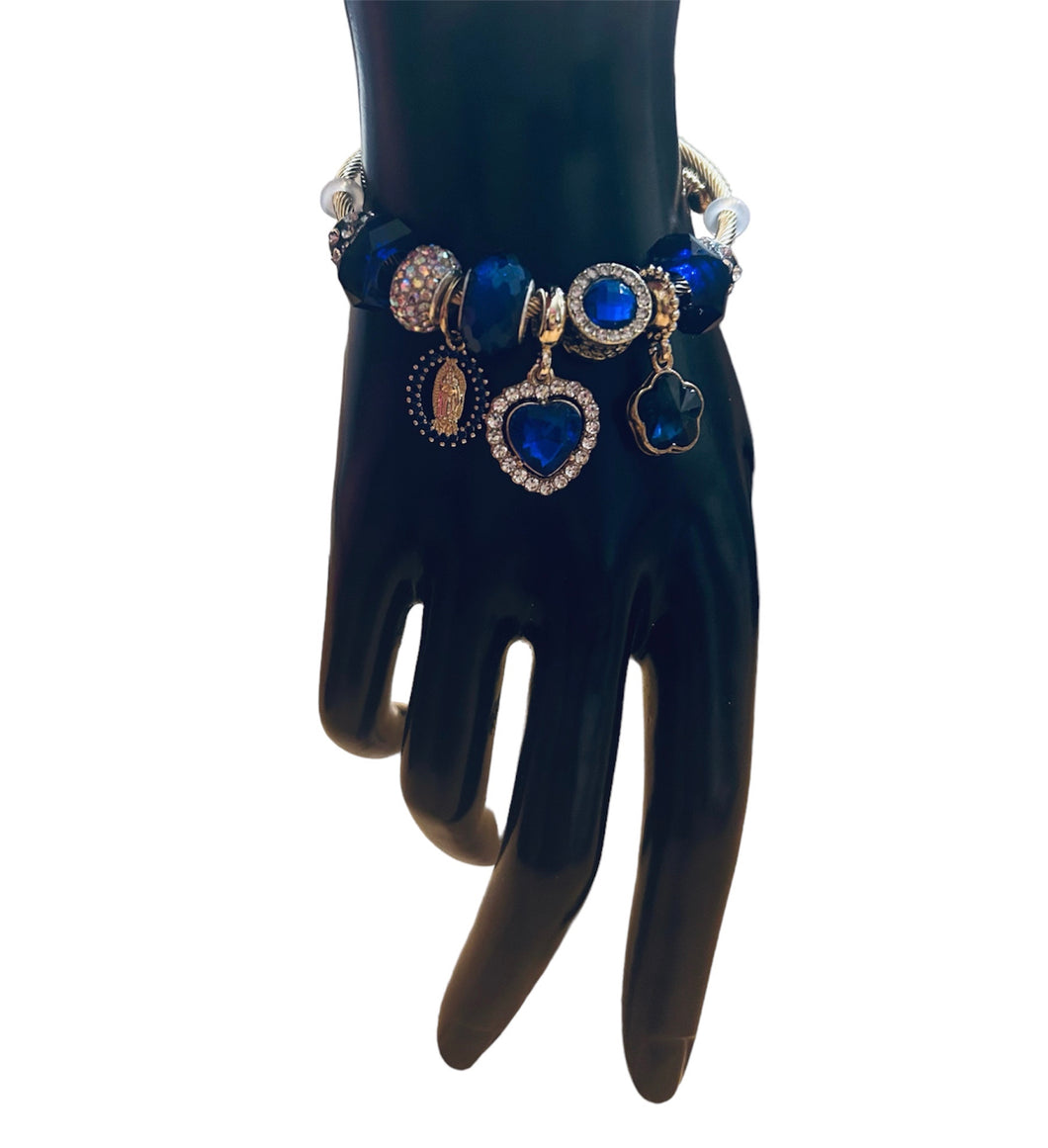 Blue Virgencita Heart Flower Charm Bracelet